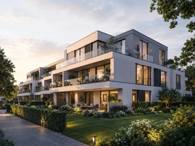 Fotorealistische Außenvisualisierung einer modernen Wohnanlage