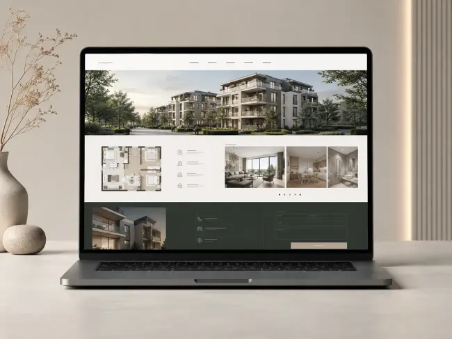 Moderne Projektwebsite für ein Immobilienprojekt auf einem Laptop